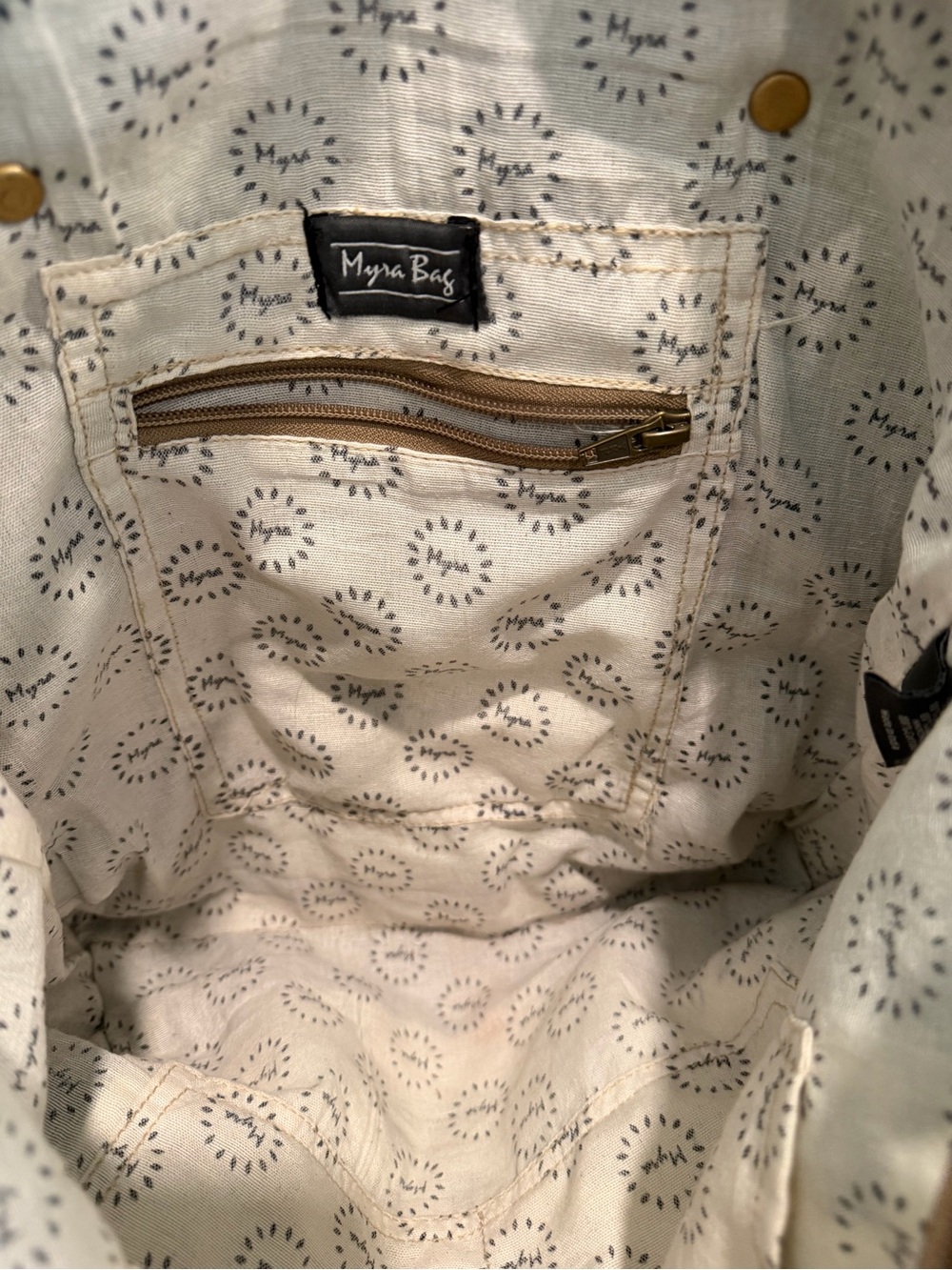 Myra Bag Black and White Floral Canvas Tote with Brown Accents - Picture 9 of 13